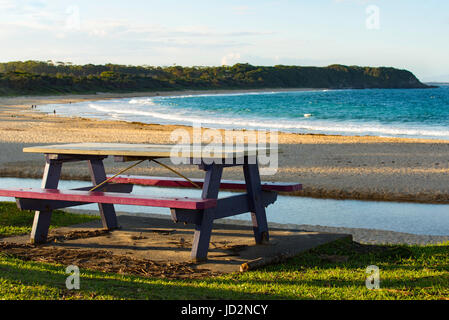 Ein Picknick-Umgebung mit Blick auf einen fast leeren Strand mit dem Pazifischen Ozean im Hintergrund Stockfoto