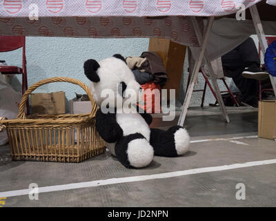 Ein Spielzeug Panda scheinbar nimmt eine Pause auf einem Korb bei einem Flohmarkt oder vide Grenier in Frankreich Stockfoto