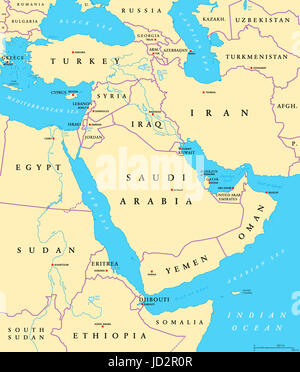 Nahen Osten politische Karte mit Hauptstädten und nationale Grenzen hinweg. Transkontinentale Region Westasien und Ägypten im Mittelpunkt. Auch aus dem Mittleren Osten. Stockfoto