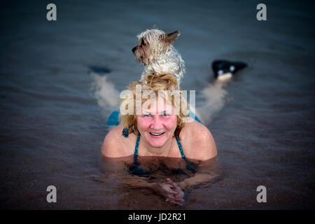 Dame mit Hund am Kopf in Strand Stockfoto