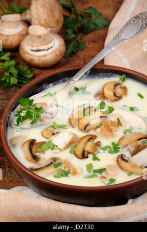 Feine Suppe pürieren von Champignons und Huhn mit Kräutern Stockfoto