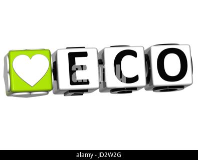 3D Liebe Eco Button klicken Sie hier Block Text auf weißem Hintergrund Stockfoto