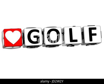 3D Liebe Golf Button klicken Sie hier Block Text auf weißem Hintergrund Stockfoto