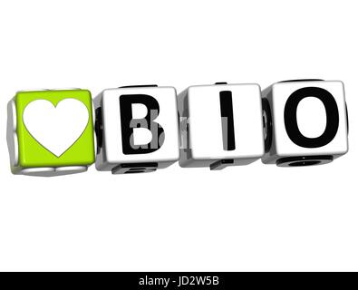 3D Liebe Bio Button klicken Sie hier Block Text auf weißem Hintergrund Stockfoto