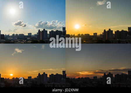 4 Momente Sonnenuntergang, Blick auf die Skyline von Downtown Singapur von Tag zu Nacht mit Wolken, Singapur Asien Stockfoto