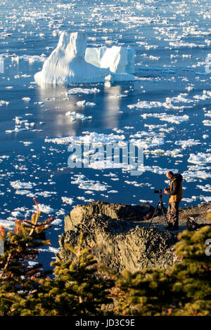 Fotograf auf Klippe in Crow Kopf, Twillingate, Neufundland, Kanada Stockfoto