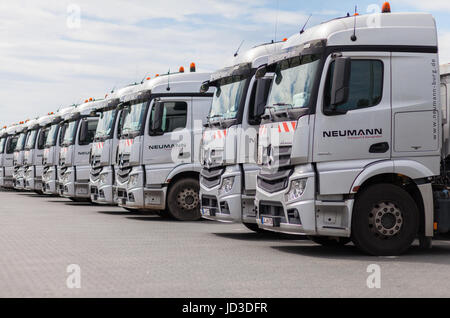 Burg/Deutschland - vom 11. Juni 2017: Deutsche Mercedes Benz Actros Lkw der Spedition Neumann steht in einer Zeile. Stockfoto