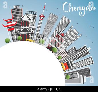 Chengdu Skyline mit grauen Gebäude, blauer Himmel und Kopieren. Vector Illustration. Business Travel und Tourismus Konzept mit moderner Architektur. Stock Vektor