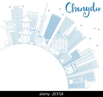 Umriss Chengdu mit blauen Gebäuden und textfreiraum Skyline. Vektor-Illustration. Geschäftsreisen und Tourismus-Konzept mit moderner Architektur. Stock Vektor