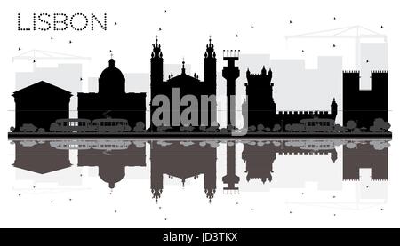 Lissabon City Skyline schwarze und weiße Silhouette mit Reflexionen. Vector Illustration. Stadtbild mit Sehenswürdigkeiten. Stock Vektor