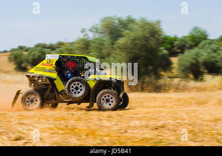 EXTREMADURA, Spanien - JUN 17: Fahrer und Mitfahrer teilnehmenden TT Spanisch-Rallye-Meisterschaft. Badajoz, Dehesa de Extremadura. Stockfoto