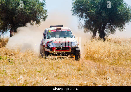 EXTREMADURA, Spanien - JUN 17: Fahrer und Mitfahrer teilnehmenden TT Spanisch-Rallye-Meisterschaft. Badajoz, Dehesa de Extremadura. Stockfoto