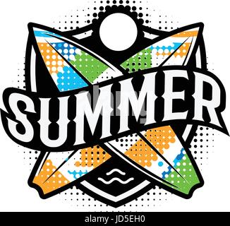 Sommer bunte moderne Logo im sportlichen Stil. 2 Surfen, Sonne und Text auf dem Schild. Vektor-Illustration. Urlaub Element Design Plakat. Stock Vektor