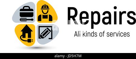 Home Reparatur-Tools Vektor-Logo. Haus Renovierung-Service-Symbol. Gebäude, professionelle Unterstützung und Verbesserung der abstrakten 2d illustration Stock Vektor