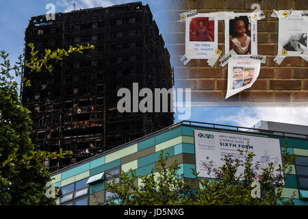 LONDON, UK - 16. Juni 2017 Grenfell Turm nach Brand mit Kensington Aldridge Academy und vermissten Personen Stockfoto