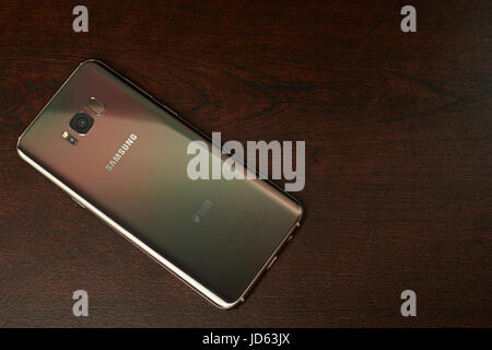 New York, USA – 13. Juni 2017: Rückansicht Samsung s8 plus Smartphone lag auf dunklen braunen Holztisch Ansicht von oben Stockfoto