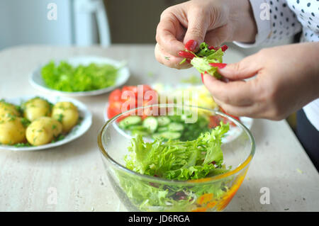 Weibliche Hände sind Gemüsesalat in der Küche kochen. Nahaufnahme Bild, selektiven Fokus. Stockfoto