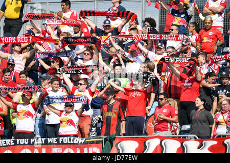 Chester, Pennsylvania, USA. 18. Juni 2017. Red Bulls Fans zeigen ihre Farben zu Beginn der Partie gegen Philadelphia Union im Talen-Energie-Stadion in Chester PA Credit: Ricky Fitchett/ZUMA Draht/Alamy Live News Stockfoto