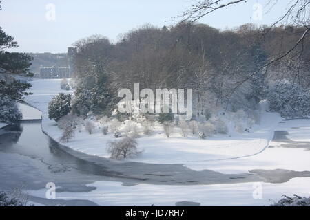 Brunnen der Abtei im Schnee, North Yorkshire, UK Stockfoto