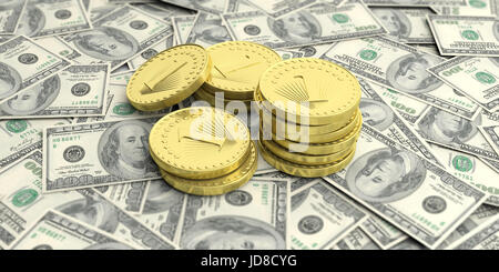 Goldene Münzen auf 100 US-Dollar-Banknoten. 3D illustration Stockfoto