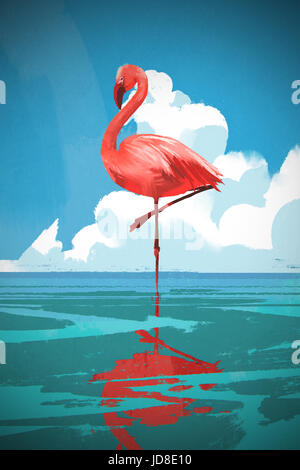 Flamingo stehend auf dem Meer gegen Sommer blauer Himmel mit digitaler Kunststil, Illustration, Malerei Stockfoto