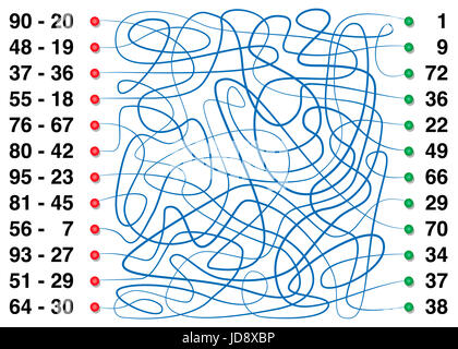 Subtraktionen mit Labyrinth-Spiel üben - folgen die Linien von Minuend und Subtrahend auf die entsprechende Differenz - spielerisches Lernen von Mathematik. Stockfoto