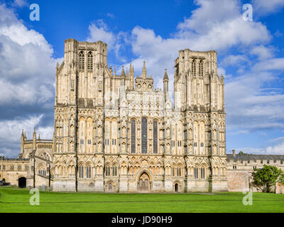 Die Westfassade des Brunnen-Kathedrale und Kathedrale Green, Wells, Somerset, England, Vereinigtes Königreich. Wells Cathedral gilt als eines der schönsten Katze Stockfoto
