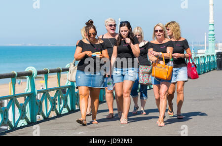 Polterabend. Gruppe der jungen Frau mit Braut auf dem Polterabend werden zu Fuß entlang der Strandpromenade an einem heißen sonnigen Tag. Stockfoto