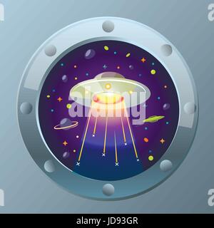 Kinder Illustration UFO in den Sternenhimmel. Stock Vektor