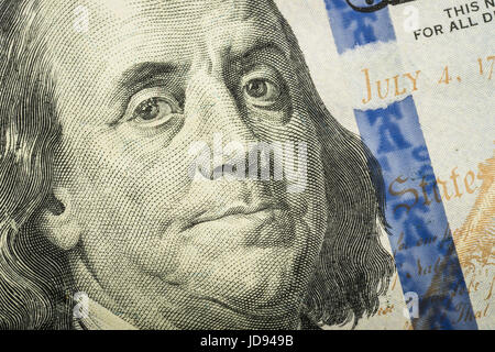 Ben Franklin Detail auf US One Hundred Dollar Bill Stockfoto