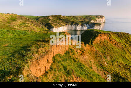 Meer und Wetter Erosion entlang der hohen Kreidefelsen und Schlammbänke entlang der Küste auf einem feinen Sonnenaufgang in Flamborough, Yorkshire, Großbritannien. Stockfoto