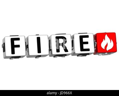 3D Feuer-Taste Cube Text auf weißem Hintergrund Stockfoto