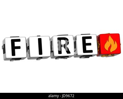 3D Feuer-Taste Cube Text auf weißem Hintergrund Stockfoto