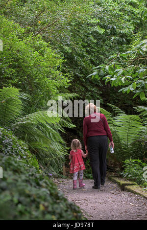 Eine Großmutter und ihre Enkelin zu Fuß entlang eines Pfades im subtropischen Trebah Garten in Cornwall. Stockfoto