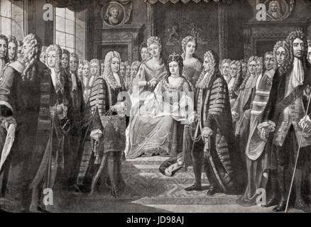 Die Artikel des Acts of Union zwischen England und Schottland, die in Kraft getreten am 1. Mai 1707 und schuf die Single, Vereinigtes Königreich von Großbritannien, präsentiert von den Kommissaren Queen Anne, 1706. Anne, 1665 – 1714.  Königin von England, Schottland und Irland.   Hutchinson Geschichte der Nationen veröffentlichte 1915. Stockfoto