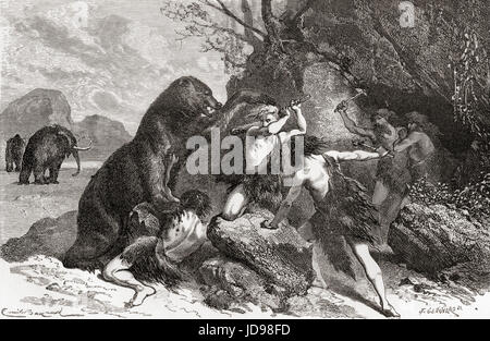 Die Urmenschen kämpfen eine große Bär.  L ' Homme Primitif veröffentlichte 1870. Stockfoto