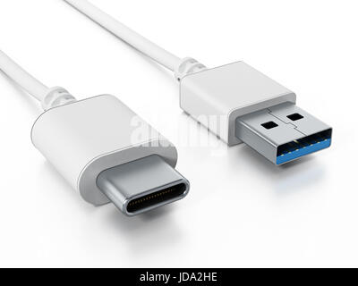 USB Typ C und USB 3.0 Kabel isoliert auf weißem Hintergrund formatieren. 3D Illustration. Stockfoto