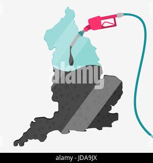 Landkarte von England durch Öl getankt werden. Gas Pumpe betriebenen Karte. Auf der Karte gibt es Glas Reflexion. Konzeptionelle. Öl produzierenden oder Importländern. Stock Vektor