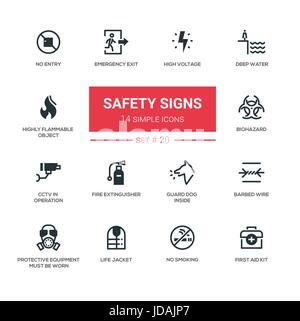 Sicherheitszeichen - moderne einfache Symbole, Piktogramme festgelegt Stock Vektor