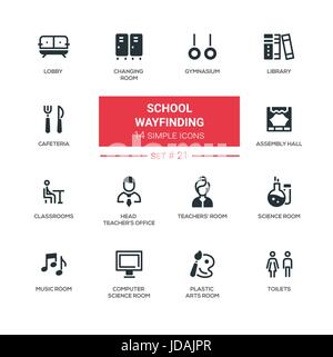 Schule Wayfinding - moderne einfache Symbole, Piktogramme set Stock Vektor