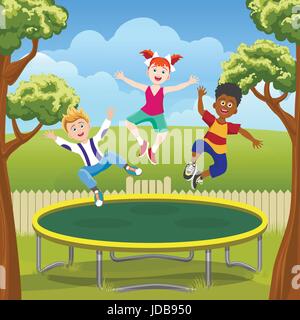 Glückliche Kinder auf Trampolin im Garten springen. Lustige Kinder am Hof Spielplatz Vektor-illustration Stock Vektor