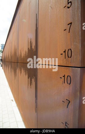 Nahaufnahme von der Schallwelle-Wand an der Außenseite des Museum of Free Derry, Derry, Londonderry, Nordirland Stockfoto