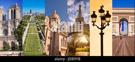 Paris Frankreich, Panorama-Foto-Collage, Paris Sehenswürdigkeiten-Reise- und Tourismus-Konzept Stockfoto