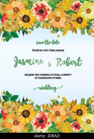 Blumen Kranz Blumen Kompositionsframes verschiedene gelb, orange Dahlia Sonnenblume, Kosmos, Eukalyptusblätter. Schöne Vektor Illustration vertikale e Stock Vektor