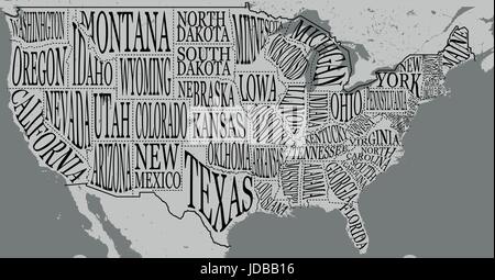 Hand gezeichnet Abbildung: USA-Karte mit Beschriftung Namen von Staaten und touristische Attraktionen. Reisen in die USA. Amerikanische Städte auf der monochro Stock Vektor