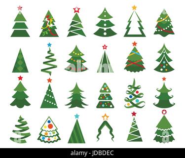 Weihnachtsbaum-Vektor-Set. Cartoon-farbige Darstellung von glücklich Weihnac Bäume mit Bällen isoliert auf weißem Hintergrund Stock Vektor