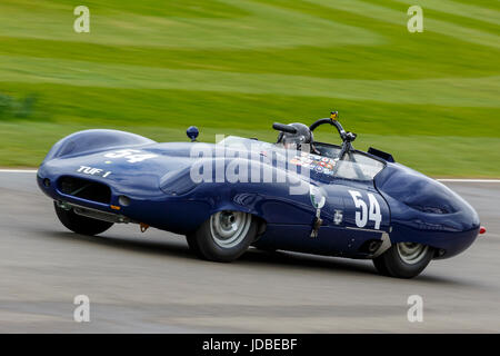 1959 Lister-Jaguar Costin mit Fahrer Chris Milner während das Scott Brown Trophy Rennen in Goodwood GRRC 75. Mitgliederversammlung, Sussex, UK. Stockfoto