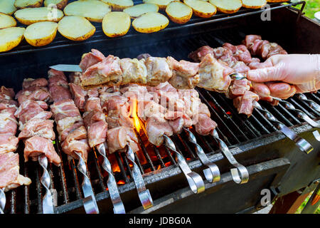 Grillfleisch auf Holzkohle Grillen. Man kocht leckeren heißen Schaschlik auf Metall Spieße. Leckere Fleischstücke mit Kruste. Grillen von Lebensmitteln. Kochen shash Stockfoto