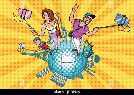 Familie Touristen und Selfie, eine Reise um die Welt. Pop-Art-Retro-Vektor-illustration Stock Vektor