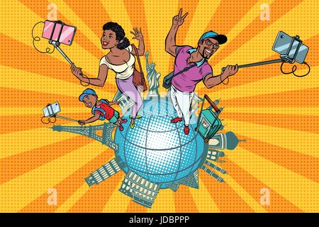 Afroamerikanische Familie Touristen und Selfie, eine Reise um die Welt. Pop-Art-Retro-Vektor-illustration Stock Vektor